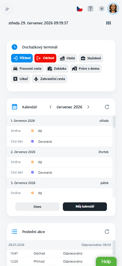 Dashboard eNextu na telefonu s widgety Docházkový terminál, Kalendář a Poslední akce
