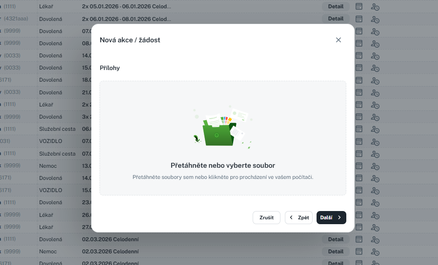 Krok Přílohy v průvodci Nová akce / žádost s plochou pro přetažení souboru