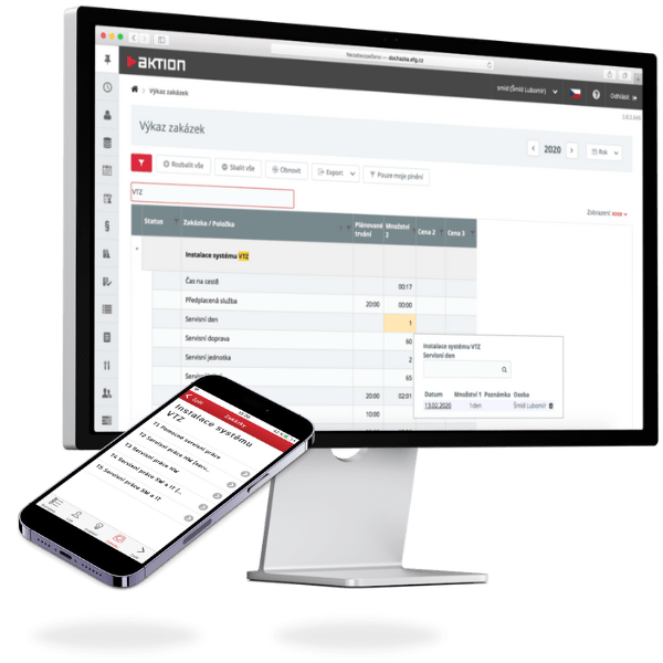 Evidence zakázek 3 V zakázkovém modulu Aktion plníte výkazy ve webovém portálu a když jste na cestách, použijete mobilní aplikaci