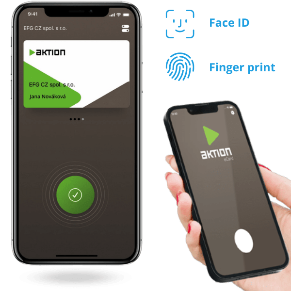 Virtuální karta Aktion eCard ve vašem mobilu odemkne dveře, zvedne závoru a otevře turnikety pomocí čtečky otisku prstu v mobilu nebo pomocí Face ID v iPhonu