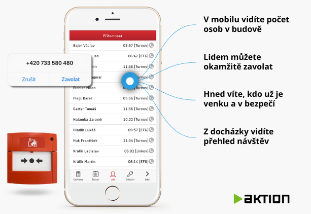 Vedoucí Evakuace dokáže díky Aktionu rychle kontrolovat přehled osob přítomných v budově.